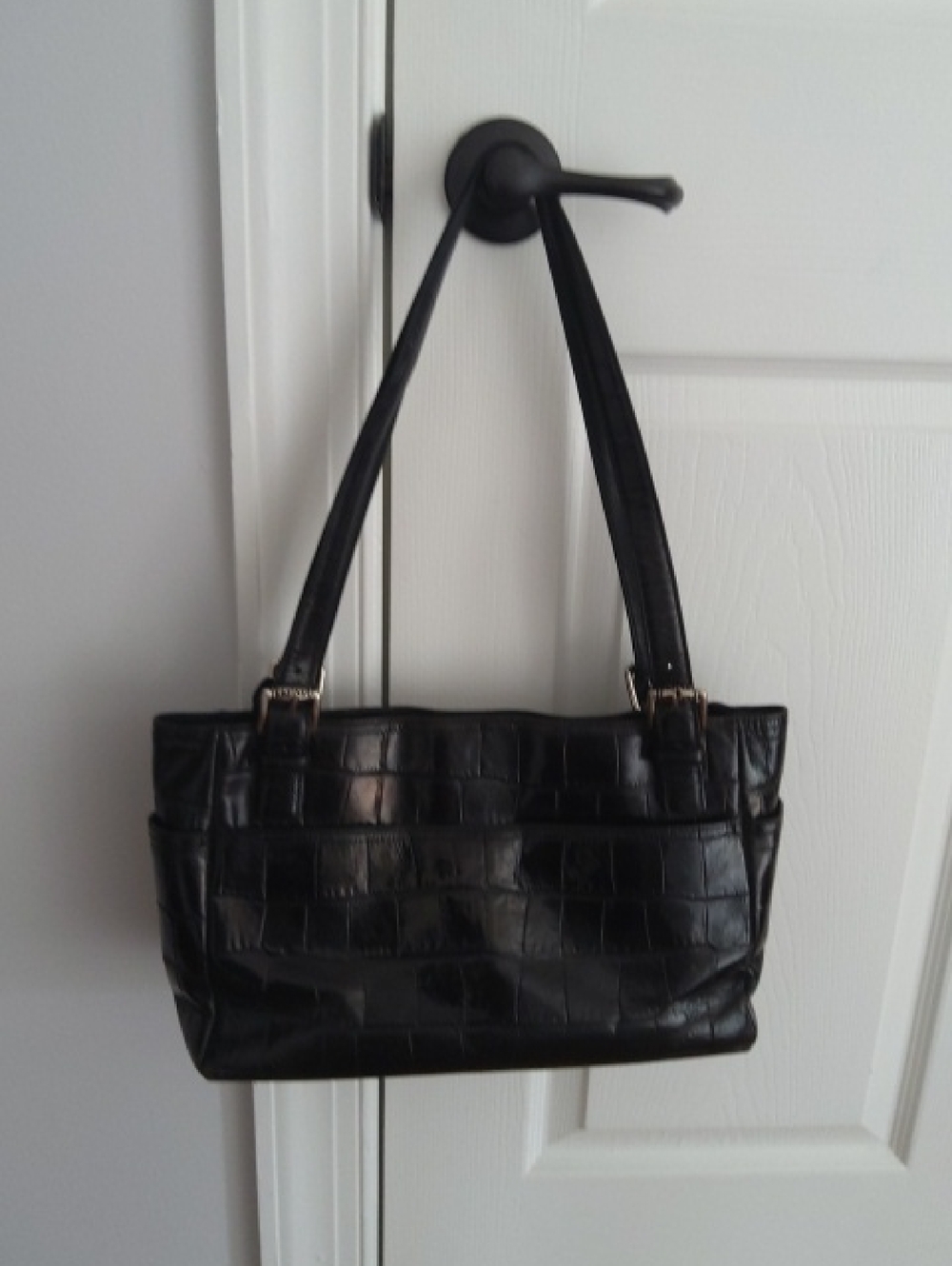 BRIGHTON Black Croc-Embossed Shoulder Bag w/ Silver Hardware - Picture 5 of 10